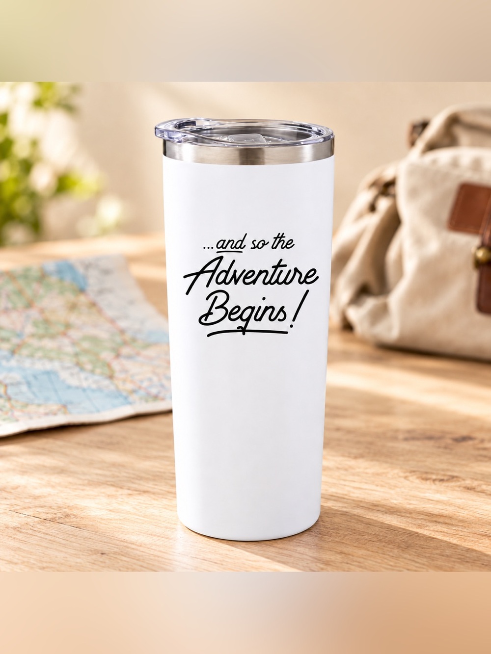 SassyCups Adventure Begins 22 oz White Insulated Tumbler with Lid